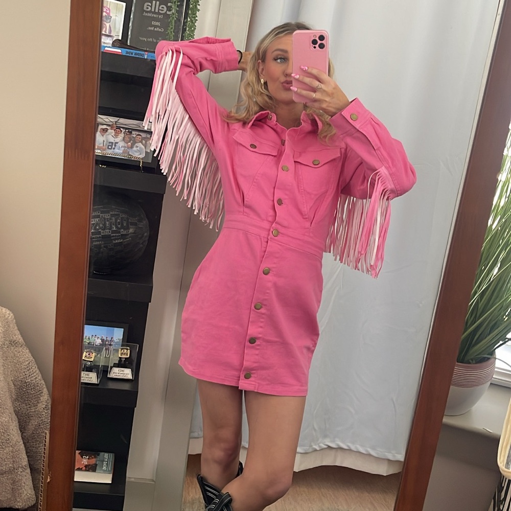 Pink Fringe Button-Up Denim Dress